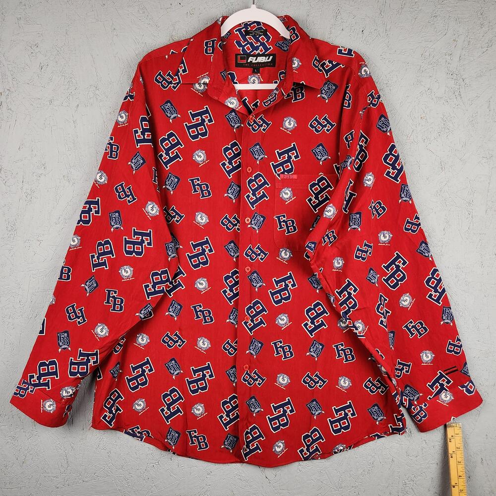 Vintage FUBU Shirt Mens Large Red All Over Print Long Sleeve Button Up 90s Y2K